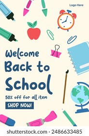 Back-to-school banner, poster, flyer, email marketing promotion template stationery, backpack, book, decorative hand-drawn vector illustration. Back-to-school background banner.