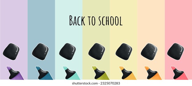 Back-to-school card set with colored emblems includes a highlighter and welcome signs on different backgrounds. Contains learning materials