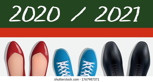 Back-to-school concept for 2021 in the face of the COVID-19 health crisis, with the shoes seen from above of two teachers and a student in front of the start line as a symbol.