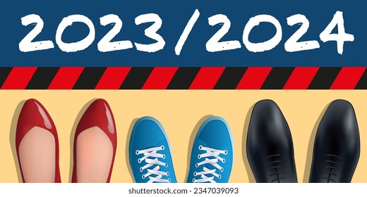 Back-to-school concept for 2024, symbolized by the shoes seen from above by two parents and a student in front of the start line.