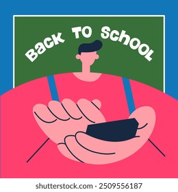 Backtoschool concept banner illustration with school app. Schoolboy with school backpack with unique Back to school typography on school board. Flat vector illustration.