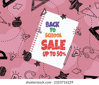 Back-to-school hand-drawn vector illustration. Sale up to 50% off on the copybook page using colored pencils on the pink background with black elements around. EPS10