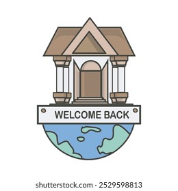 Ilustração de volta à escola com um prédio escolar e o sinal de "Welcome Back", perfeito para materiais educativos, cartazes escolares e promoções de eventos.