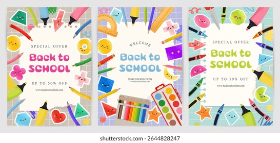 Back-to-School Posters or Flyers. Colorful pencils and mathematics figures. Vector illustration in trendy flat style