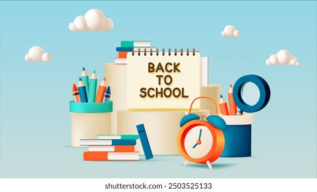 a back-to-school setup with a spiral notepad displaying "BACK TO SCHOOL," surrounded by books, pencils, an alarm clock, and stationery items, all set against a sky-blue background with clouds.