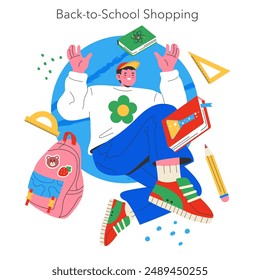 Back-to-school shopping concept. A student surrounded by new school supplies, excited for the upcoming academic year. Vector illustration.