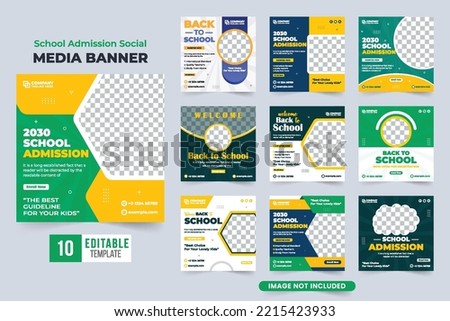 Back-to-school social media post collection designed with abstract shapes. School admission and academic course promotion template set vector. Creative school registration web banner bundle design.