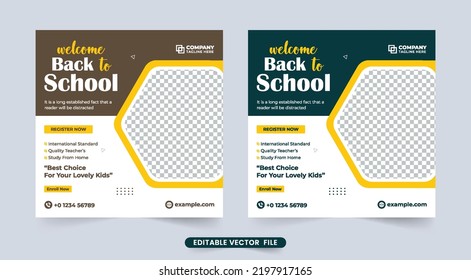 Back-to-school social media post design with dark and coffee colors. Standard school admission template vector for promotion. Academic course advertisement and school admission template.