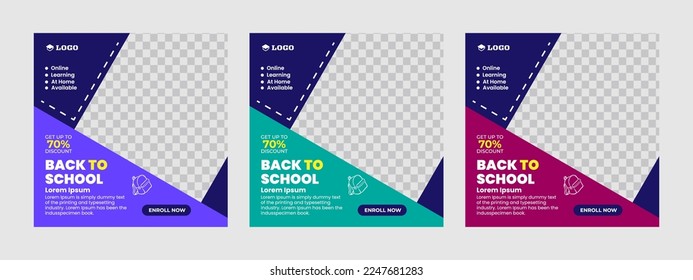 Back-to-school social media post template design. For Instagram posts, Social media posts, web ads, postcards, cards, business messages, discount flyers, and big sale banners