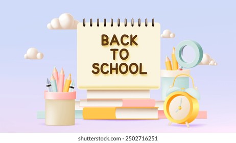 a back-to-school theme, displaying a spiral notebook with the text "BACK TO SCHOOL," surrounded by colorful pencils, books, an alarm clock, and stationery against a soft pastel background.