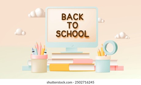 A back-to-school theme, featuring a computer screen with the text "BACK TO SCHOOL" alongside books, pencils, and stationery items, all set against a soft pastel background.