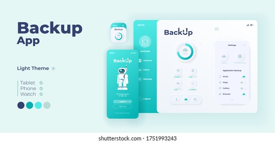 Backup app screen vector adaptive design template. Cloud storage application day mode interface with flat characters. Personal internet database smartphone, tablet, smart watch cartoon UI