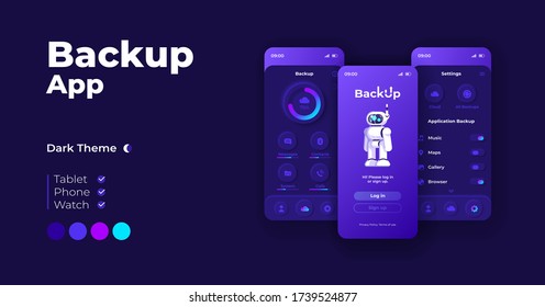 Backup application cartoon smartphone interface vector templates set. Mobile app screen page night mode design. Cloud storage log in and settings UI for application. Phone display with flat character