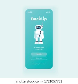 Backup application smartphone interface vector template. Mobile app page light design layout. Cloud storage software screen. Flat UI for application. Log in and sign up buttons on phone display