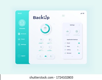 Backup application tablet interface vector template. Mobile app page day mode design layout. User data copying screen. Flat UI for application. Cloud uploading process on portable device display