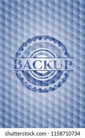 Backup blue emblem or badge with abstract geometric pattern background.