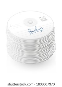 Backup CDs, pile of compact discs, many DVDs, heap of digital versatile discs - symbolic for large bulk and mass of data and information - isolated vector illustration on white background.
