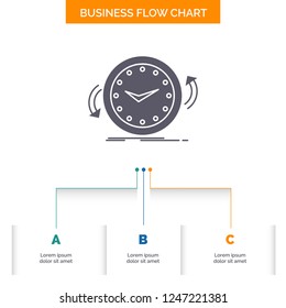 Backup, clock, clockwise, counter, time Business Flow Chart Design with 3 Steps. Glyph Icon For Presentation Background Template Place for text.