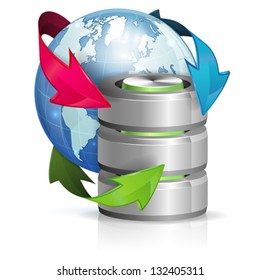 Backup Concept with Database Icon and Earth, vector isolated on white background