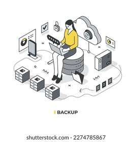 Backup concept. Woman sits on a server, types in a password to initiate a backup process. Various devices are connected to the server, data is being synchronized across them and stored in the cloud