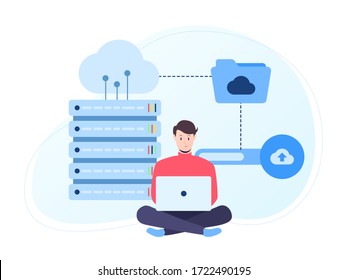 Backup Data To The Cloud Storage Illustration. This Illustration Can Be Use For Website, Landing Page, Web, App, And Banner.