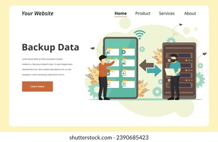 Backup data concept, People copying files or files transfer process on a giant smartphone to server. Back up data on different gadgets, IT technology, computing industry, cybersecurity practice