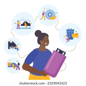 Backup data recovery cloud storage flat composition with woman holding huge flash drive vector illustration