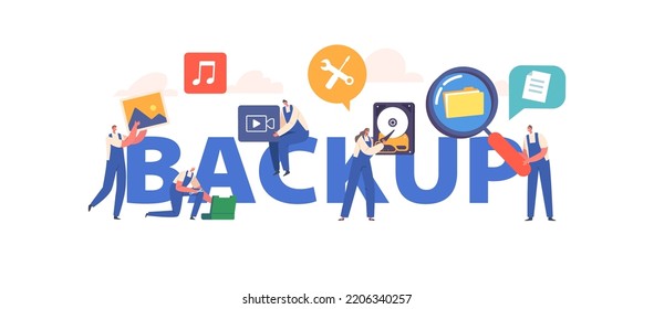 Backup, Datenwiederherstellungsdienst, Informationsschutz, Hardware-Reparaturkonzept. Arbeiter Zeichen in Uniform Restore-Datei auf gebrochener Festplatte. Poster, Banner oder Flyer. Cartoon-Vektorgrafik