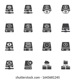 Conjunto de iconos vectoriales de copia de seguridad y recuperación, colección de símbolos sólidos modernos, paquete de pictogramas de estilo relleno de Data Restore. Señales, ilustración del logotipo. El conjunto incluye iconos como almacenamiento Hdd, reparación de disco duro