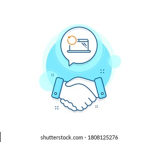 Firma de datos de copia de seguridad. Icono complejo de trato de apretón de manos. Icono de la línea del portátil de recuperación. Restaurar símbolo de información del smartphone. Banner que da la mano al acuerdo. Signo del portátil de recuperación. Vector
