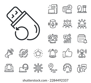 Firma de datos de copia de seguridad. Coloque los iconos de la ubicación, la tecnología y el contorno del altavoz inteligente. Icono de la línea de memoria usb de recuperación. Restaurar símbolo de información. Signo de línea de memoria flash. Vector