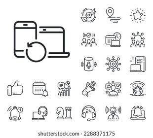 Backup data sign. Place location, technology and smart speaker outline icons. Recovery devices line icon. Restore information symbol. Recovery devices line sign. Vector
