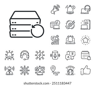 Firma de datos de copia de seguridad. Coloque los iconos de ubicación, tecnología y contorno de altavoz inteligente. Icono de línea del servidor de recuperación. Restaurar símbolo de información. Signo de línea del servidor de recuperación. Vector