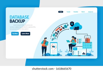 Backup database landing page design. secure personal data with internet backup services to cloud and server. data center and network system. vector illustration for poster, website, flyer, mobile app