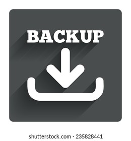 Backup date sign icon. Storage symbol with arrow. Gray flat square button with shadow. Modern UI website navigation. Vector