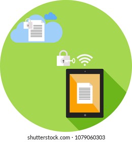 Backup documents or files to the Cloud technology system with encryption to protect unauthorized access with computer tablet via wifi transmission.