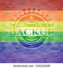 Backup emblem on mosaic background with the colors of the LGBT flag