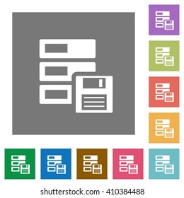 Backup flat icon set on color square background.