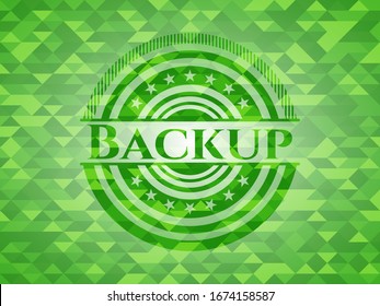 Backup green emblem with triangle mosaic background. Vector Illustration. Detailed.