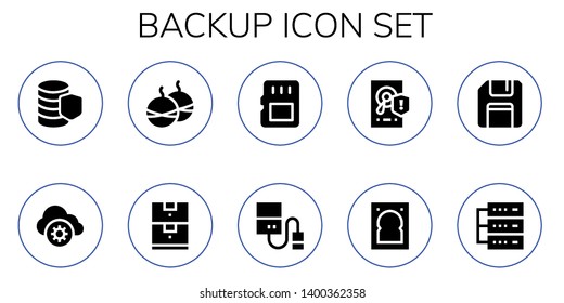 backup icon set. 10 filled backup icons.  Simple modern icons about  - Database, Cloud storage, Smoke bomb, Data storage, Memory card, Hard drive, Hard disk, Floppy disk