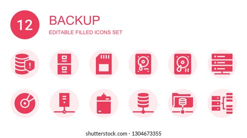 backup icon set. Collection of 12 filled backup icons included Database, Server, Memory card, Hard drive, Cd, Harddrive, Hosting