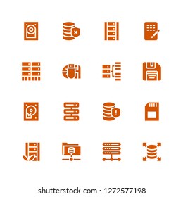 backup icon set. Collection of 16 filled backup icons included Server, Memory card, Database, Hard disc, Floppy disk, Hosting, Data storage, Hard disk