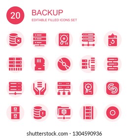 backup icon set. Collection of 20 filled backup icons included Database, Server, Hard drive, Harddrive, Memory card, Cd, Hosting, Safecopy backup