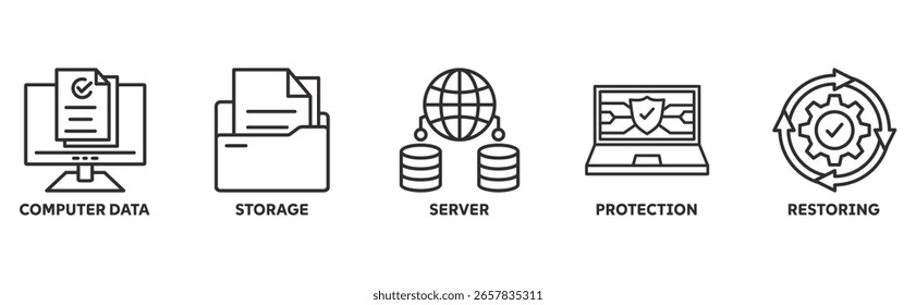 Concepto de ilustración de conjunto de iconos de copia de seguridad con icono de datos de computadora, almacenamiento, servidor, protección, restauración