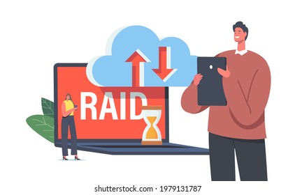 Backup Modern Technology and Hosting Servers Concept. Tiny Characters in Data Center around Huge Laptop with RAID Storage, Hourglass and Cloud Transfer Information. Cartoon People Vector Illustration