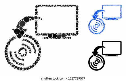 Backup mosaic of circle elements in variable sizes and color hues, based on backup icon. Vector circle elements are organized into blue mosaic. Dotted backup icon in usual and blue versions.