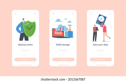 Backup Online, Raid Storage Mobile App Page Onboard Screen Template. Tiny Characters with Huge Protective Shield and Hard Disk, Data Center Technologies Concept. Cartoon People Vector Illustration