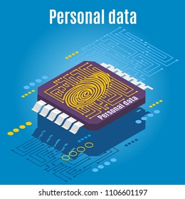 Backup personality isometric background with conceptual image of microprocessor engraved with dactylogram of human finger print vector illustration