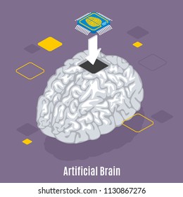 Backup personality isometric background with text and conceptual image of human brain microchip sensor implantation procedure vector illustration 
