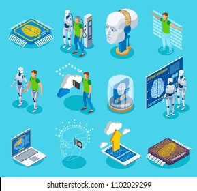 Backup personality isometric icons set with isolated images of cyborg electronic parts pictograms and human characters vector illustration